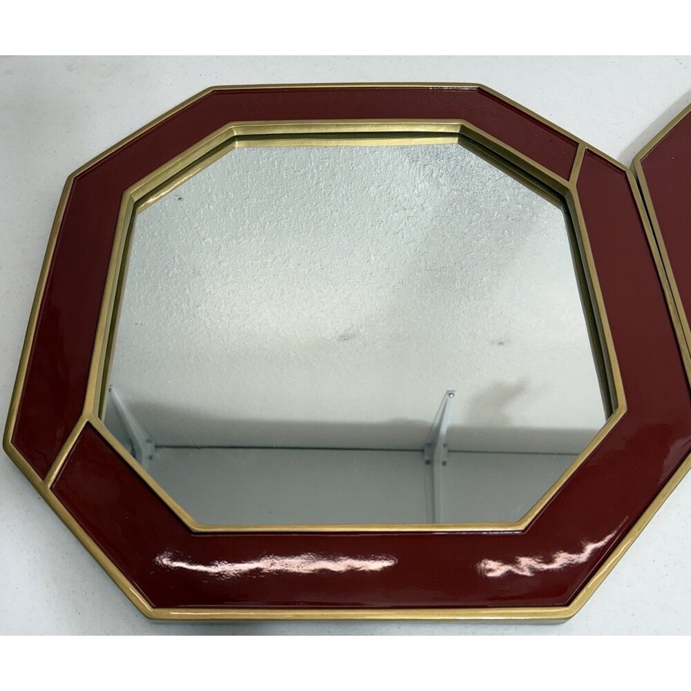 Nate Berkus La Rouse Designer Red Enamel Goldtone Octagon Wall Mirror Set MCM - Picture 3 of 14